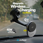 A black and silver magnetic wireless car mount charger with a suction cup, shown mounted near a car windshield. The image includes promotional text for 25W magnetic wireless charging, a 45W Type-C car charger, Qi2 25W certification, and the brand name stuftool.