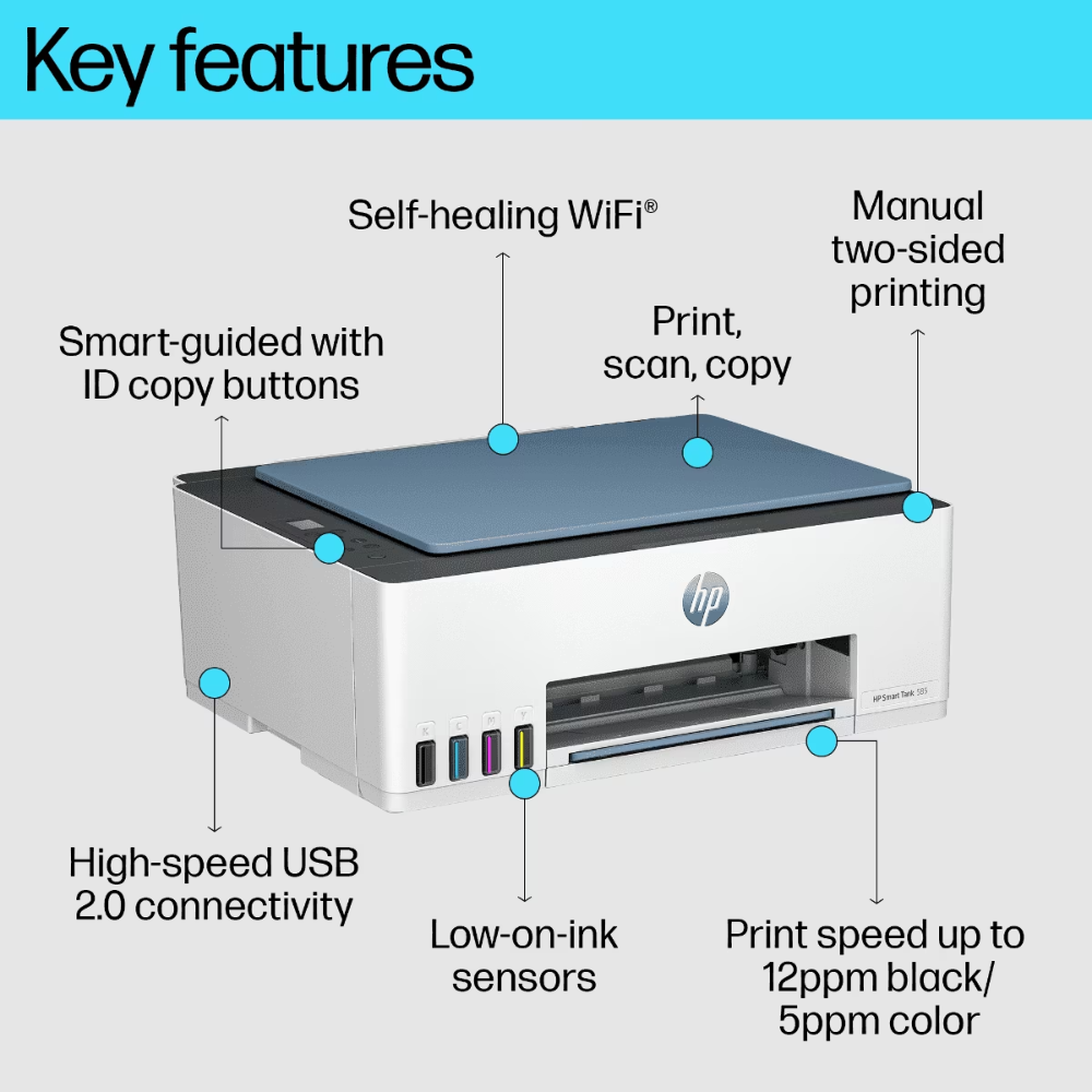 HP Smart Tank 580 (1F3Y2A) – Wireless All-in-One Ink Tank Printer, Copy/Scan/Print, 1 Year Warranty + 1 Year Additional on Registration