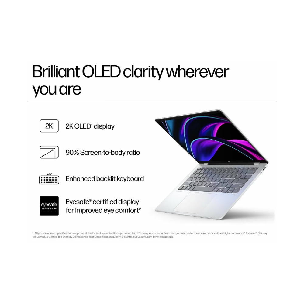 HP OmniBook 5 Snapdragon X1-26-100 14-he0014QU Laptop – 14" 2K OLED, 16GB LPDDR5X, 512GB SSD, Win 11 Copilot+, MS Office 2024, Backlit KB, Glacier Silver