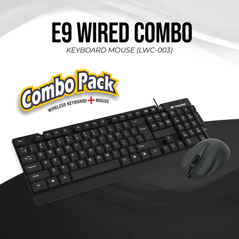 Lapcare E9 USB Wired USB 2.0 Keyboard and 1000DPI Optical Mouse Combo - Black