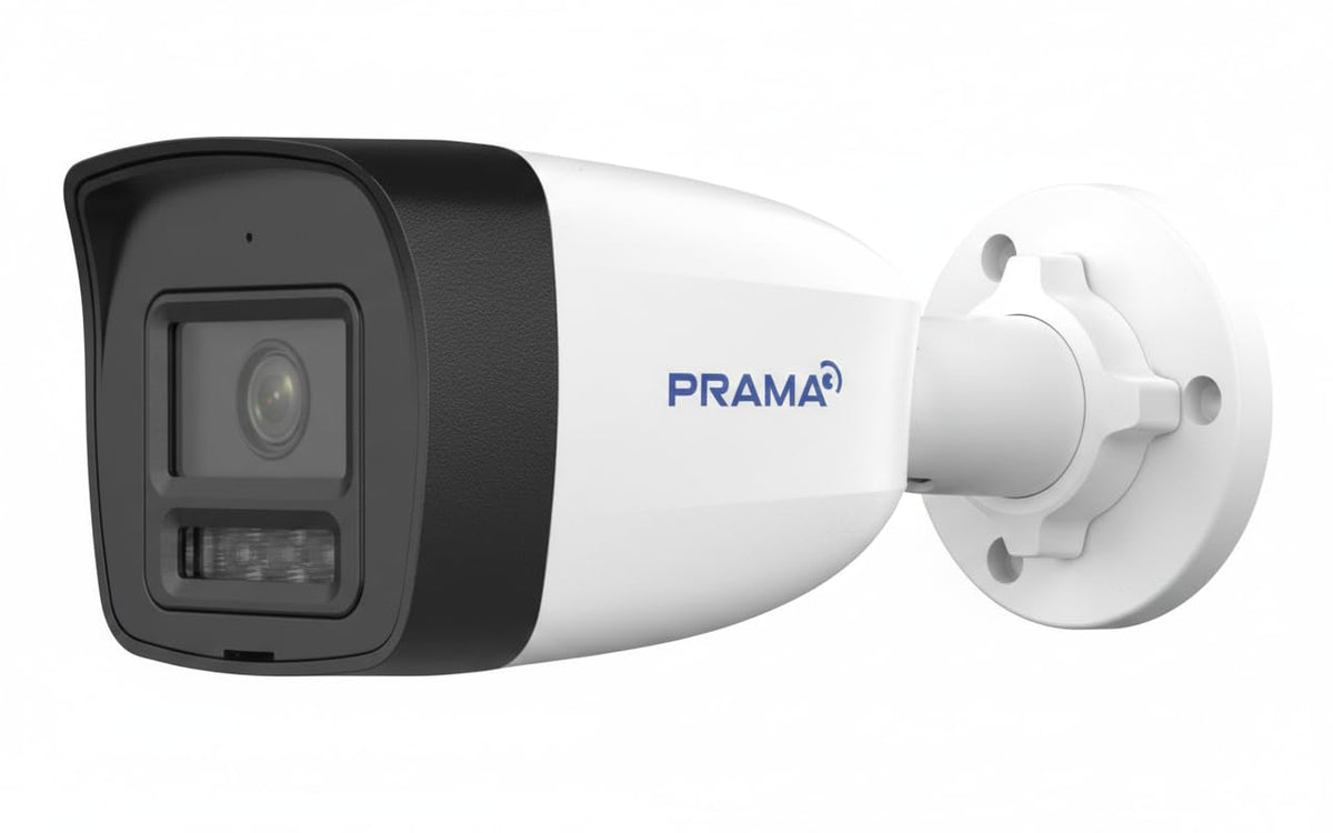 White security camera with black casing on a white background, featuring the brand 'Prama'.