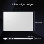 Samsung laptop shown on a dark background with dimension labels for width, length, and height, plus a side profile showing thickness and weight.