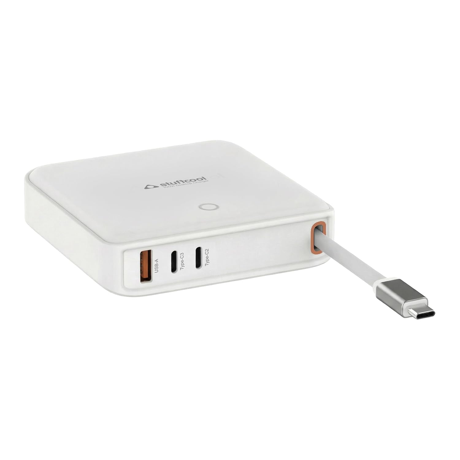 White power bank with USB-C cable on a white background