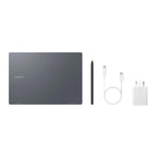 Samsung laptop with stylus and charger on a white background