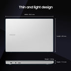 Samsung laptop with dimensions and weight displayed on a black background