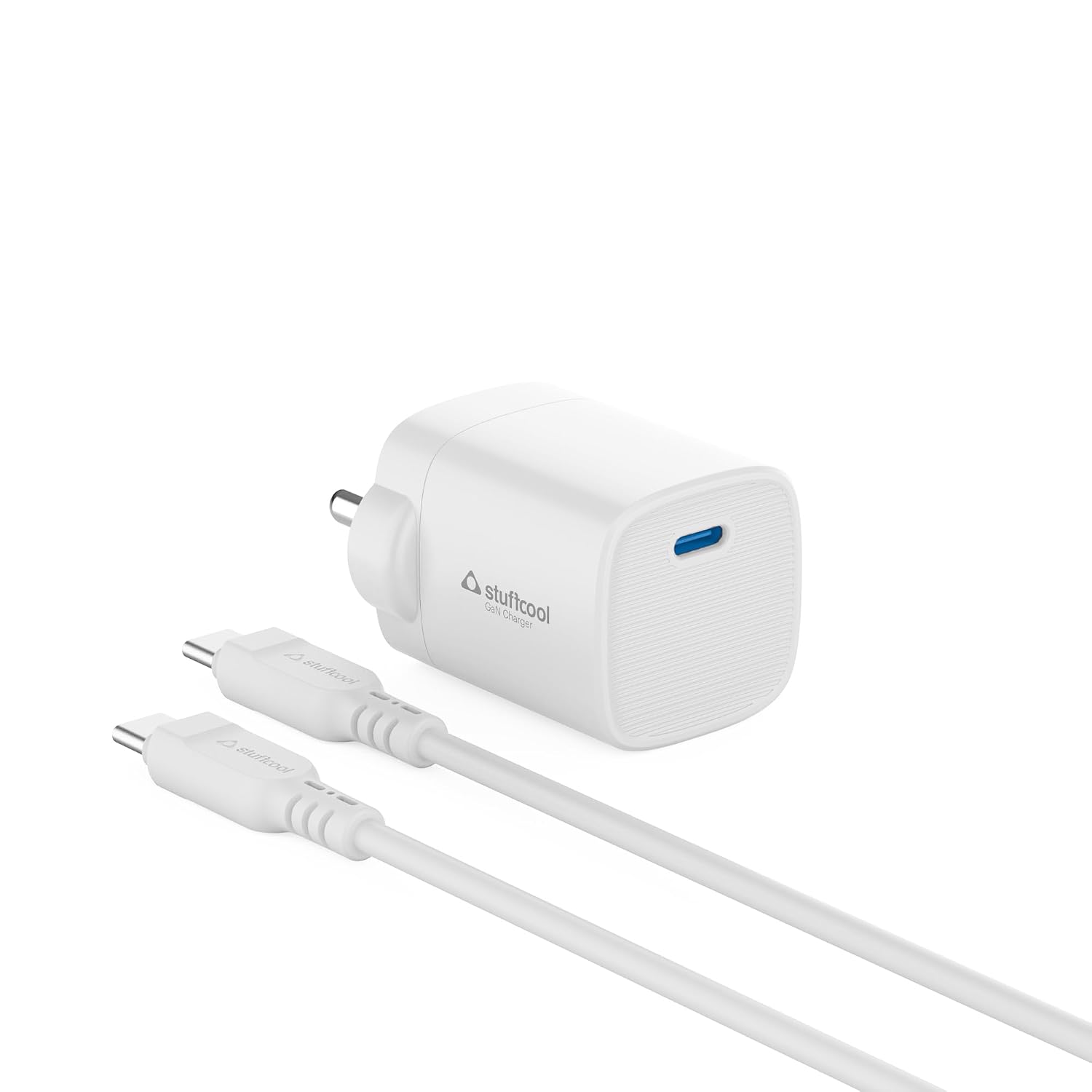 A white STUFtool USB-C wall charger adapter with a matching white cable, shown on a clean white background.