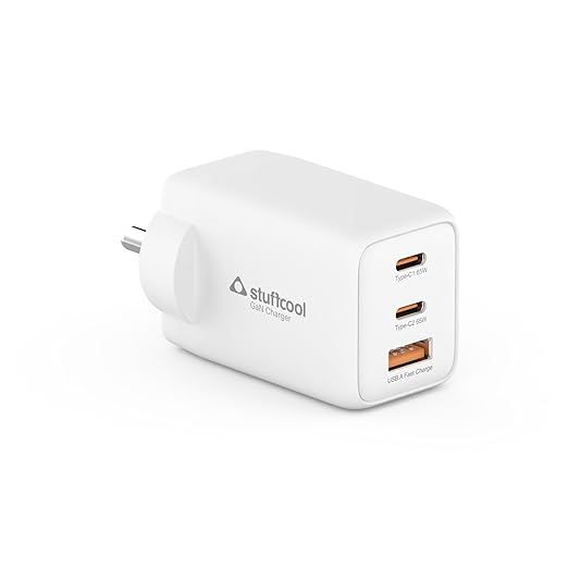 Stuffcool Numen 65W GaN Wall Charger – 65W PD PPS Fast Charger, Dual USB-C + USB-A, Compact Design, BIS Certified, 6 Months Warranty