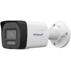 White security camera with black accents on a white background, featuring the Prama logo.