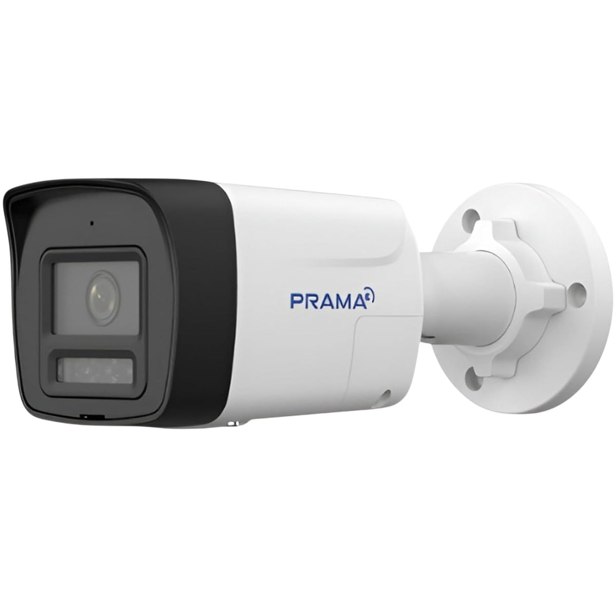 White security camera with black accents on a white background, featuring the Prama logo.
