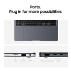 Laptop ports with text 'Ports. Plug in for more possibilities' on a white background