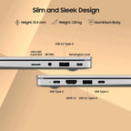 Promotional graphic for a slim aluminium laptop showing side port details with overlaid labels: USB 3.2 Type-A, microSD card slot, HP/MIC jack, Kensington lock, USB Type C, HDMI 1.