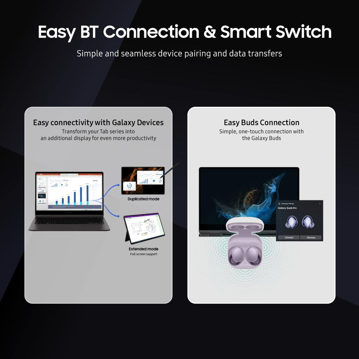 Advertisement for easy BT connection and smart switch features with laptop and earbuds on a dark background.