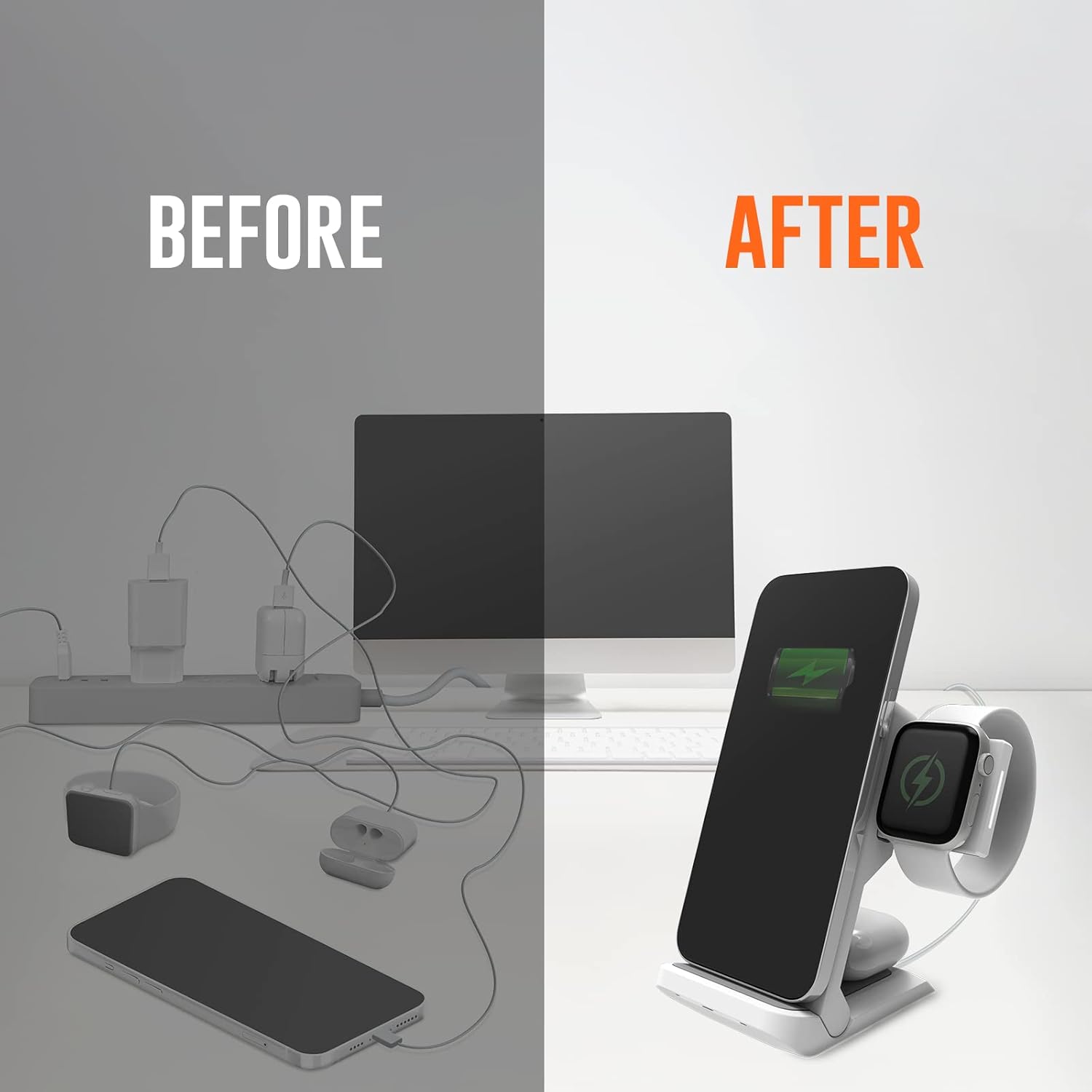 STM ChargeTree Swing 3-in-1 Wireless Charger Station – Qi-Certified Charger for iPhone, Android, AirPods & Apple Watch with Nightstand Mode Swing Arm – USB-C Cable Included, Black