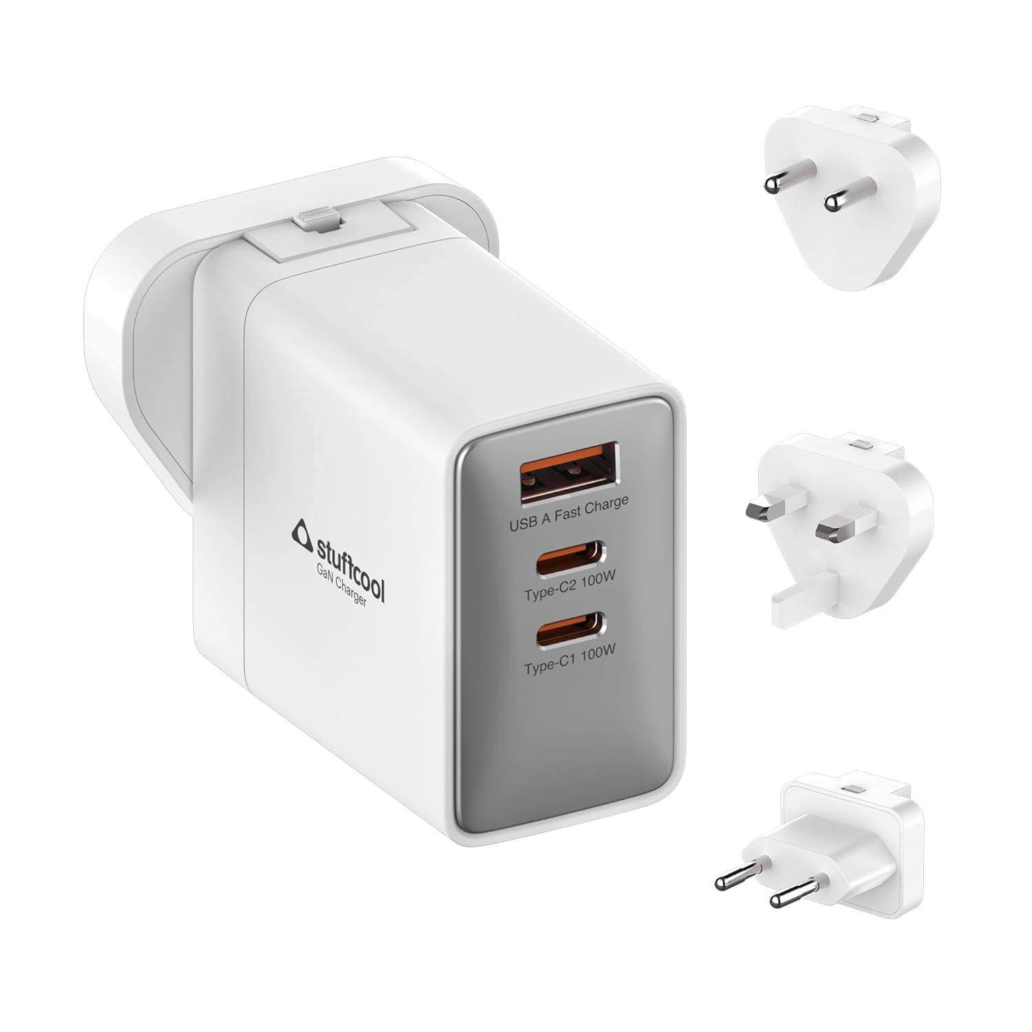 A white Snitcool travel charger shown with three different plug types on a plain white background. The main charger features a USB-A full charge port and two Type-C 100W ports on its front face, with the brand name 'snitcool' printed on the side.