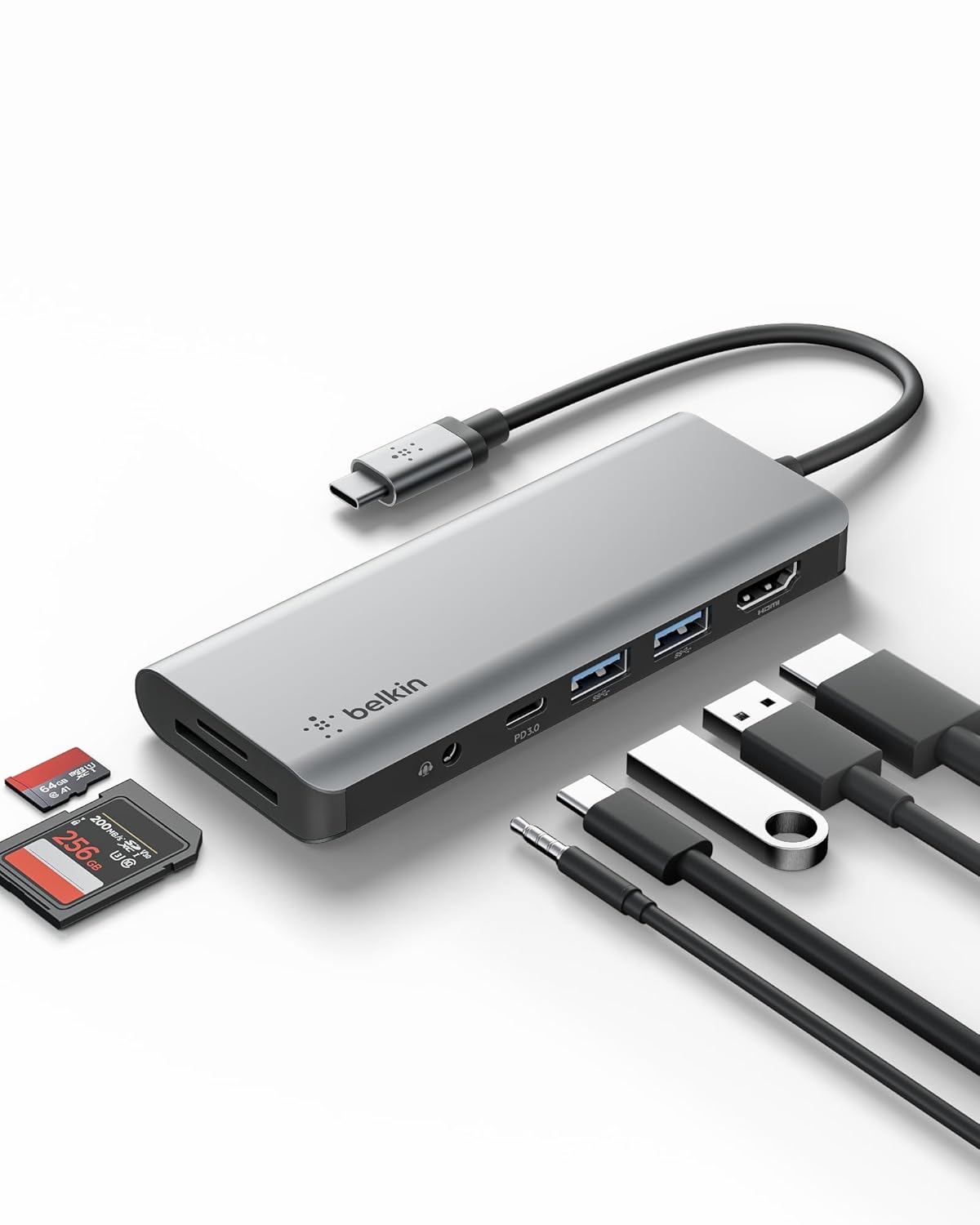 Belkin USB C Hub, 7-in-1 MultiPort Adapter Dock with 4K HDMI, USB-C 100W PD Pass-Through Charging, 2 x USB A, 3.5mm Audio, SD 3.0 Slot and Micro SD 3.0 for MacBook Pro, Air, iPad Pro, XPS and More