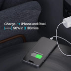A smartphone charging scene in a car interior, with a white power adapter plugging into a port and a phone lying on a dark table. Text on the image says it can charge iPhone and Pixel and shows a 50% charge in 30 minutes.