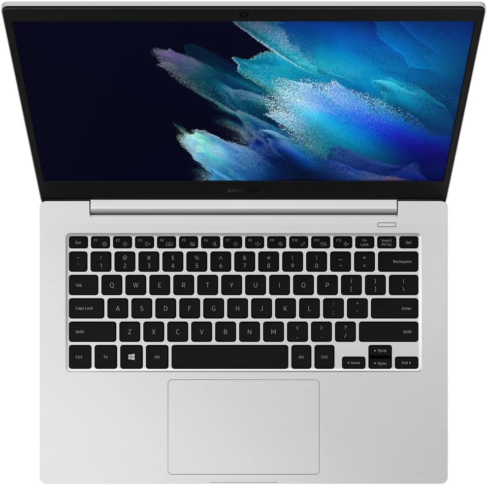Laptop with a blue and black abstract design on the screen