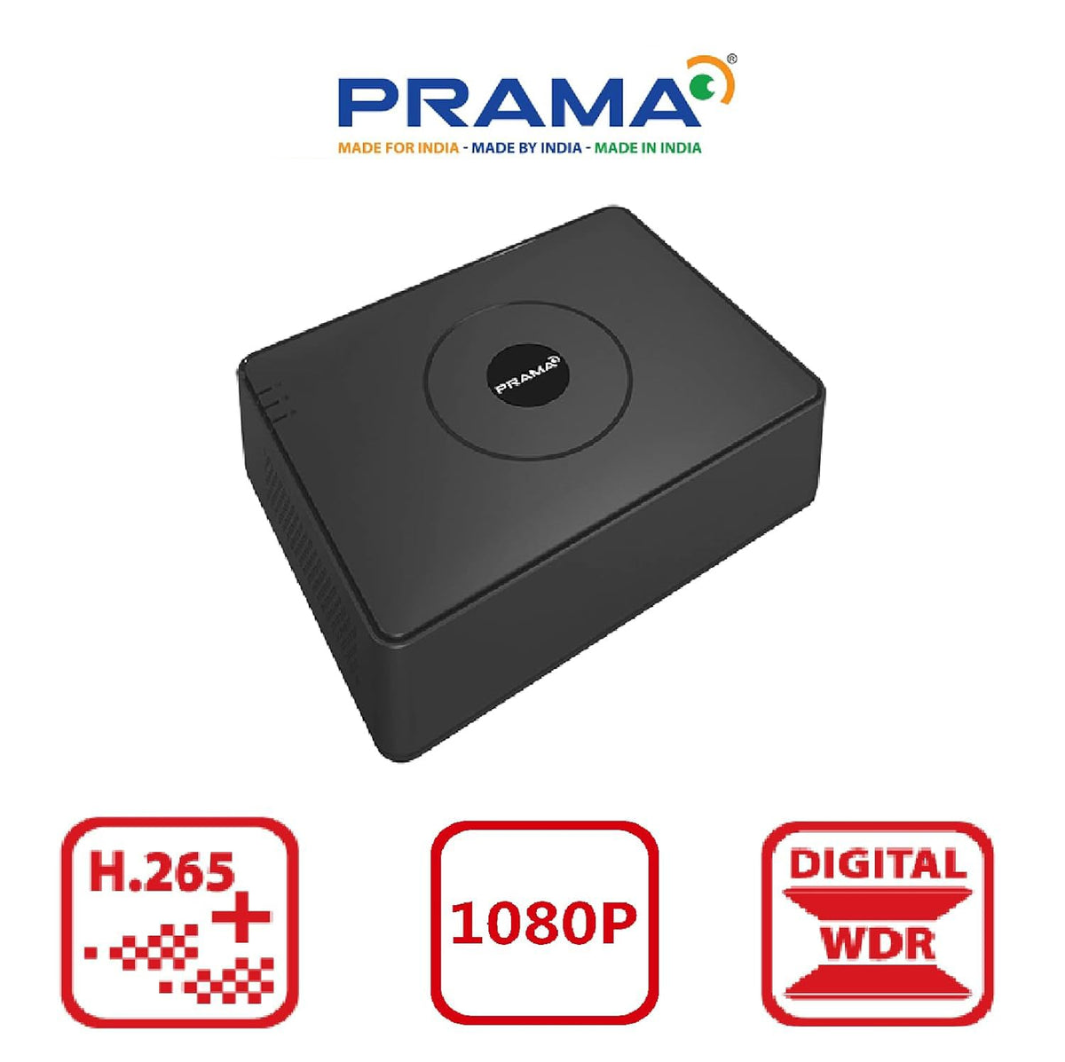 A black Prama H.265 1080p digital WDR DVD recorder shown on a white background with the Prama logo at the top and feature badges at the bottom.