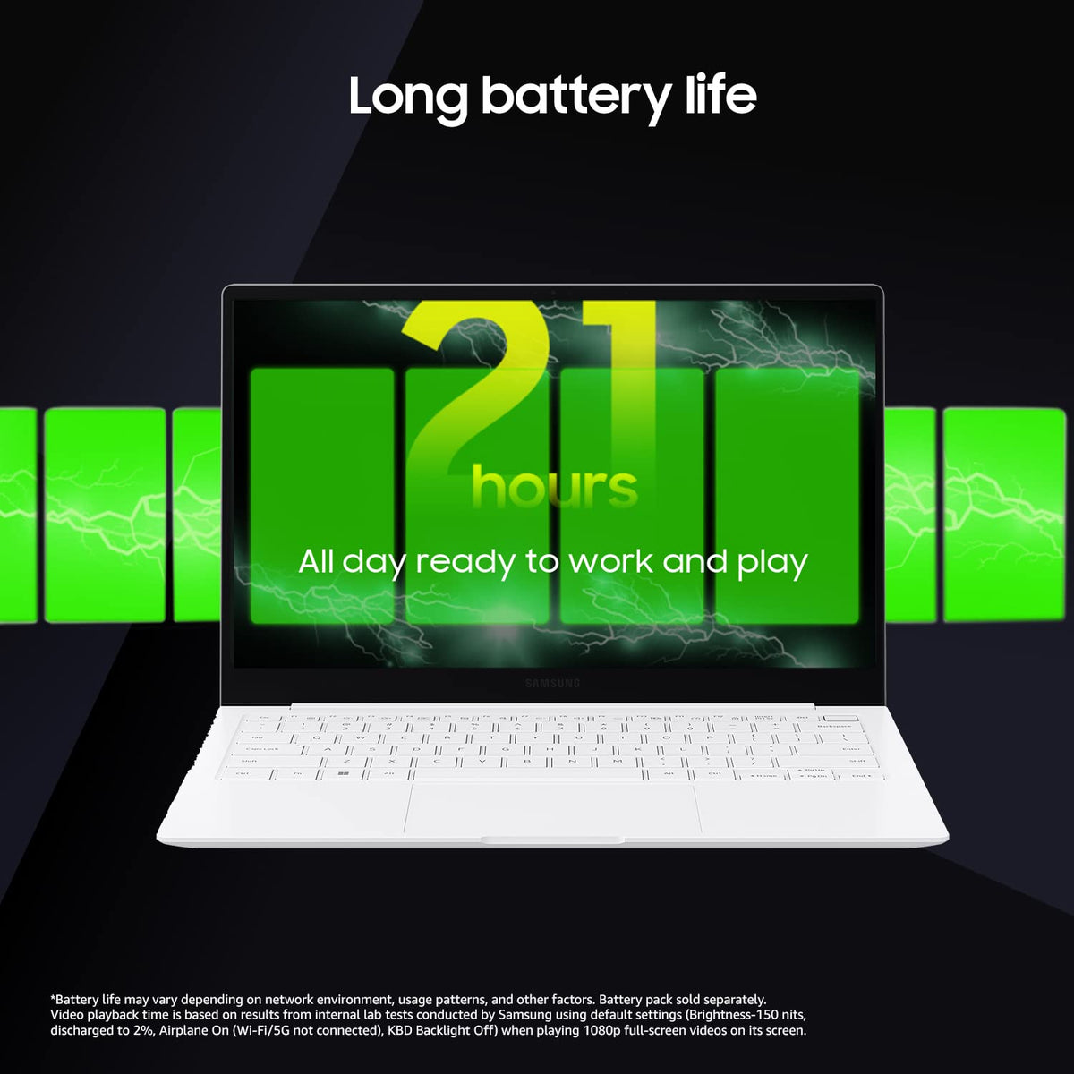 A white laptop centered on a dark background with bright green battery graphics and the text 'Long battery life' and '21 hours All day ready to work and play.'.