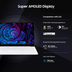 A promotional graphic for a laptop featuring a white keyboard and a colorful AMOLED display. The text highlights display features such as cinematic viewing experience, 120% color volume in OLED-P9, DisplayHDR 500, 30x faster screen response time, and 70% less harmful blue light compared to LCD screens.