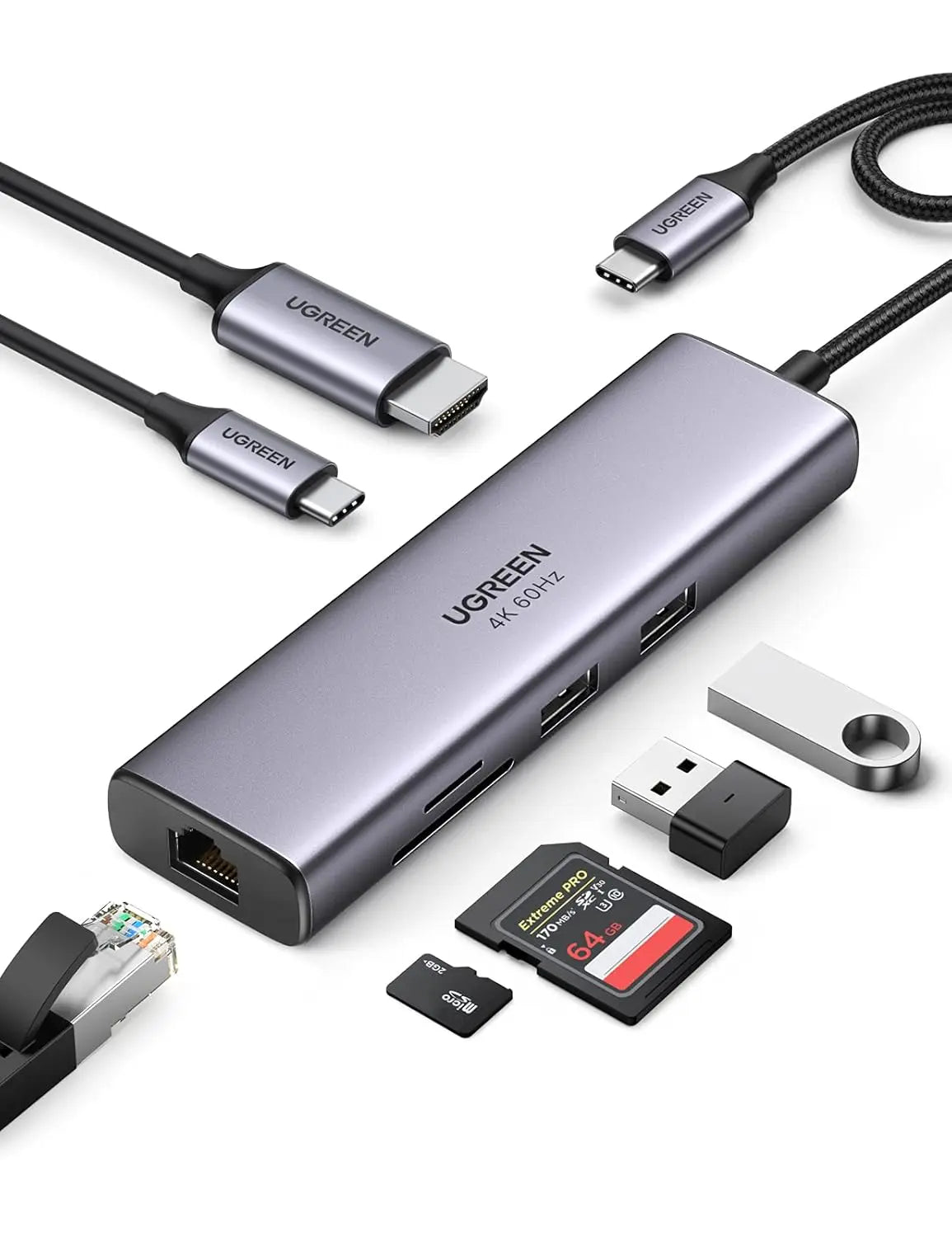 UGREEN 7-in-1 Multi-Functional Adapter 4K 60Hz HDMI Gigabit Ethernet 2 USB 3.0 100W PD SD/TF MacBook Dell Surface (60515)