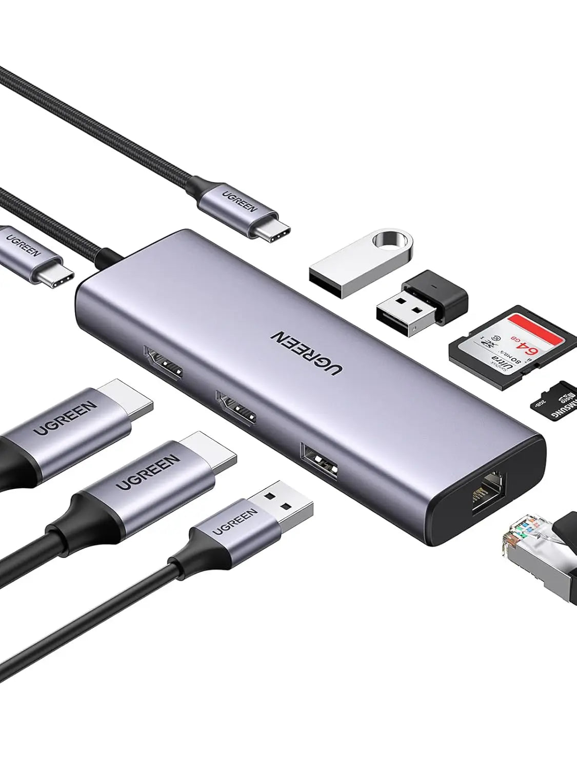 UGREEN 9-in-1 Dual HDMI USB-C Dock USB 2.0 2 USB 3.0 RJ45 1000M USB C PD 60W 2 HDMI 4K 60Hz SD/TF MacBook Dell XPS (90119)
