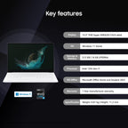 A promotional infographic for a white laptop on a dark background, with the heading 'Key features' and a list of specifications including display size, OS, storage, processor, MS Office, warranty, and dimensions.