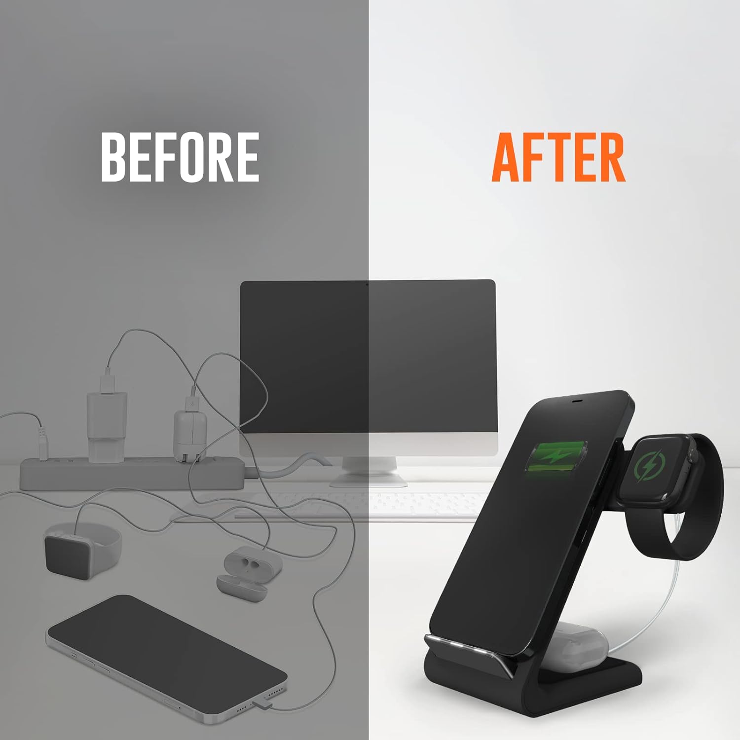 STM ChargeTree Swing 3-in-1 Wireless Charger Station – Qi-Certified Charger for iPhone, Android, AirPods & Apple Watch with Nightstand Mode Swing Arm – USB-C Cable Included, Black