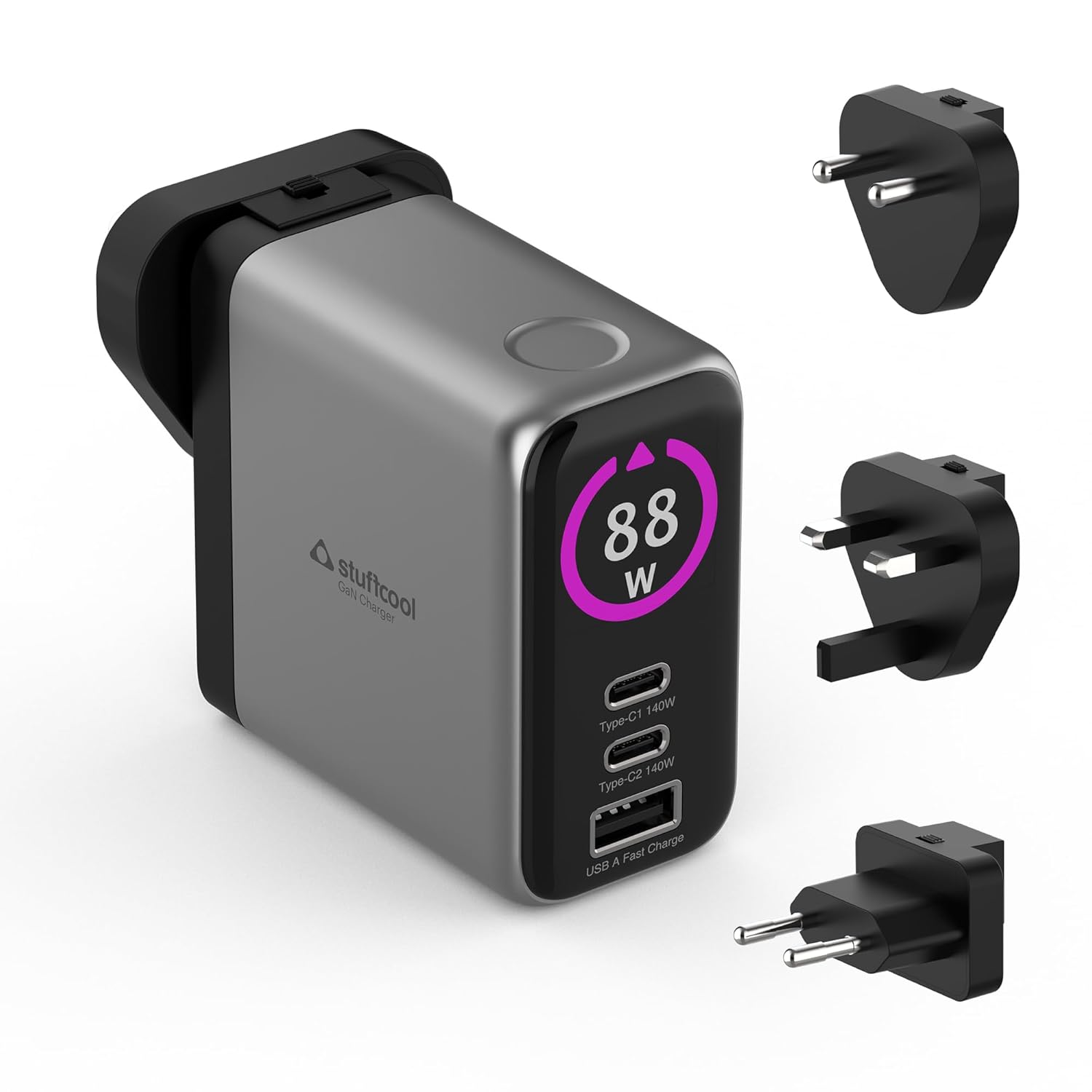 Stuffcool Nomad Pro 140W – GaN Multi-Port Fast Charger, 3-Port (2x USB-C + 1x USB-A), Universal Travel Plug