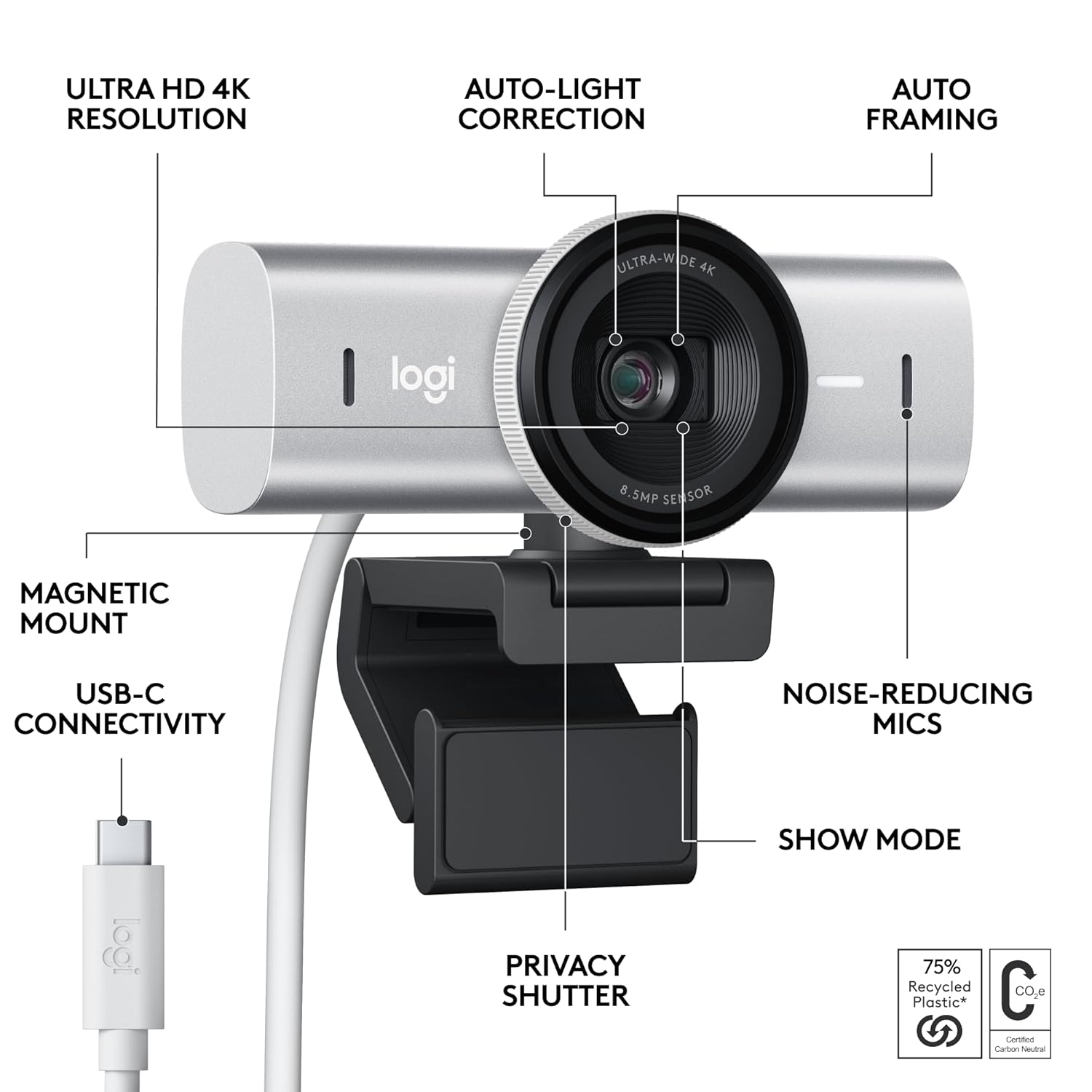 Logitech Master Series MX Brio 4K Ultra HD USB-C Collaboration and Streaming Webcam with Dual Mics - Pale Gray