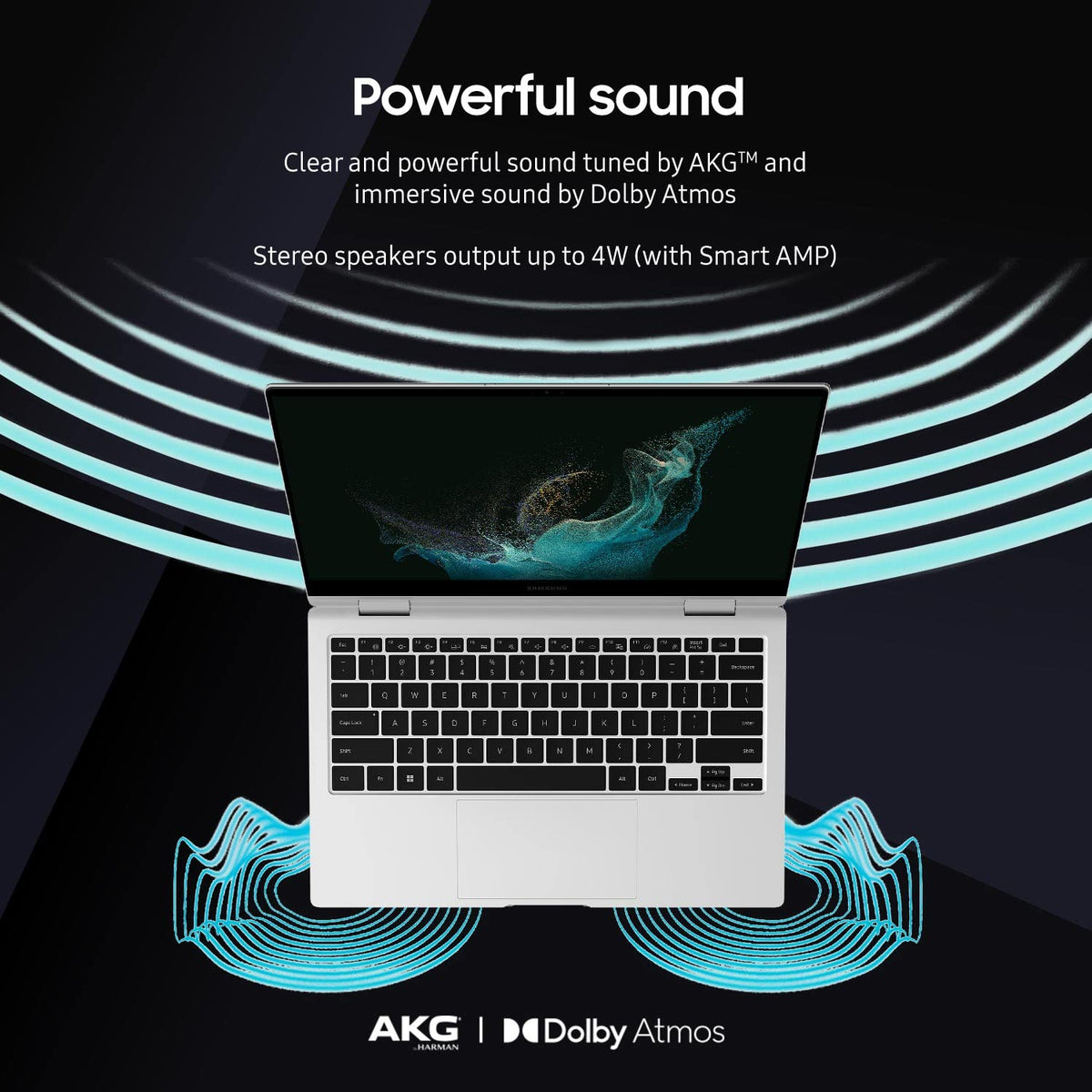 Laptop with sound wave graphics and text about AKG and Dolby Atmos on a dark background
