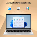 A silver laptop shown open against a warm beige background with promotional text reading 'Always Performance Ready' and icons for Windows 11 Home, Microsoft Office Home & Student 2021, and Intel Iris Xe Graphics.