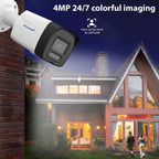 A PRAMAR 4MP security camera shown in a close-up product view against a house exterior at night, with marketing text reading '4MP 24/7 colorful imaging' and 'Face Detection & Capture.'.