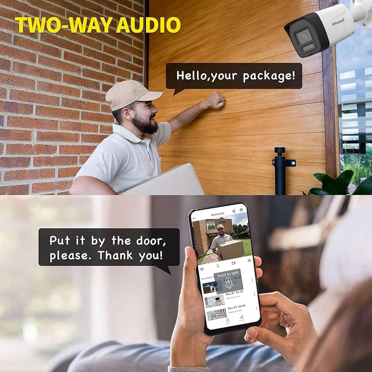 A split promotional graphic showing a white and black Philips security camera mounted on a door, with a man knocking and a phone screen displaying a two-way audio message to a package delivery person.