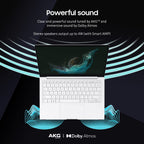 Laptop with sound wave graphics and text about AKG and Dolby Atmos on a dark background