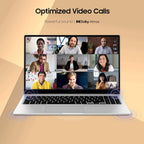 Laptop displaying a video call with multiple participants on a beige background, featuring Dolby Atmos branding.
