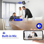 A promotional graphic for a built-in microphone security camera. The top half shows a conference room scene with three business people around a table, with a white dome security camera mounted on the ceiling and a blue soundwave graphic above.