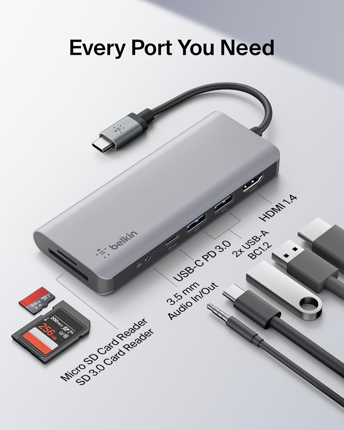 Belkin USB C Hub, 7-in-1 MultiPort Adapter Dock with 4K HDMI, USB-C 100W PD Pass-Through Charging, 2 x USB A, 3.5mm Audio, SD 3.0 Slot and Micro SD 3.0 for MacBook Pro, Air, iPad Pro, XPS and More