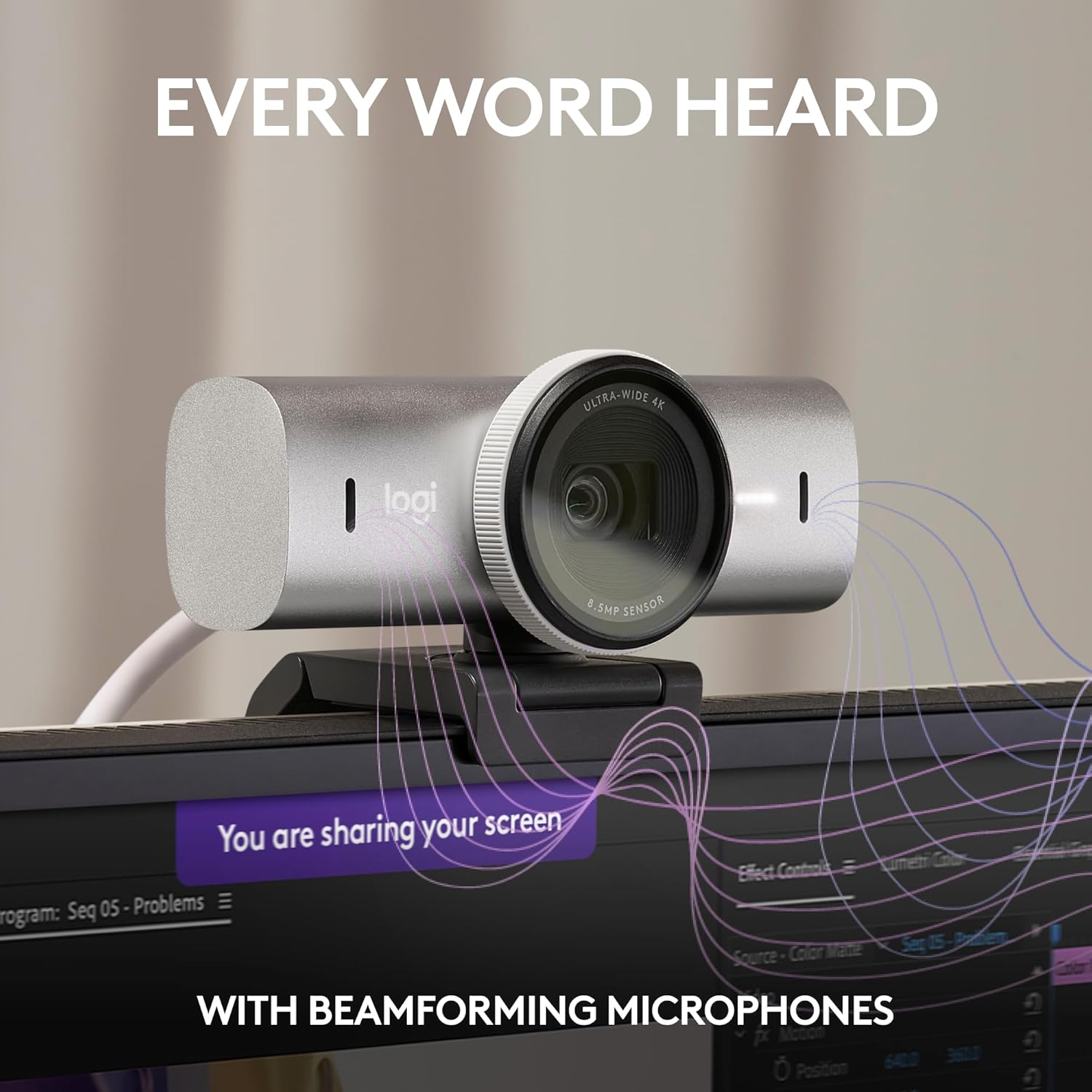 Logitech Master Series MX Brio 4K Ultra HD USB-C Collaboration and Streaming Webcam with Dual Mics - Pale Gray