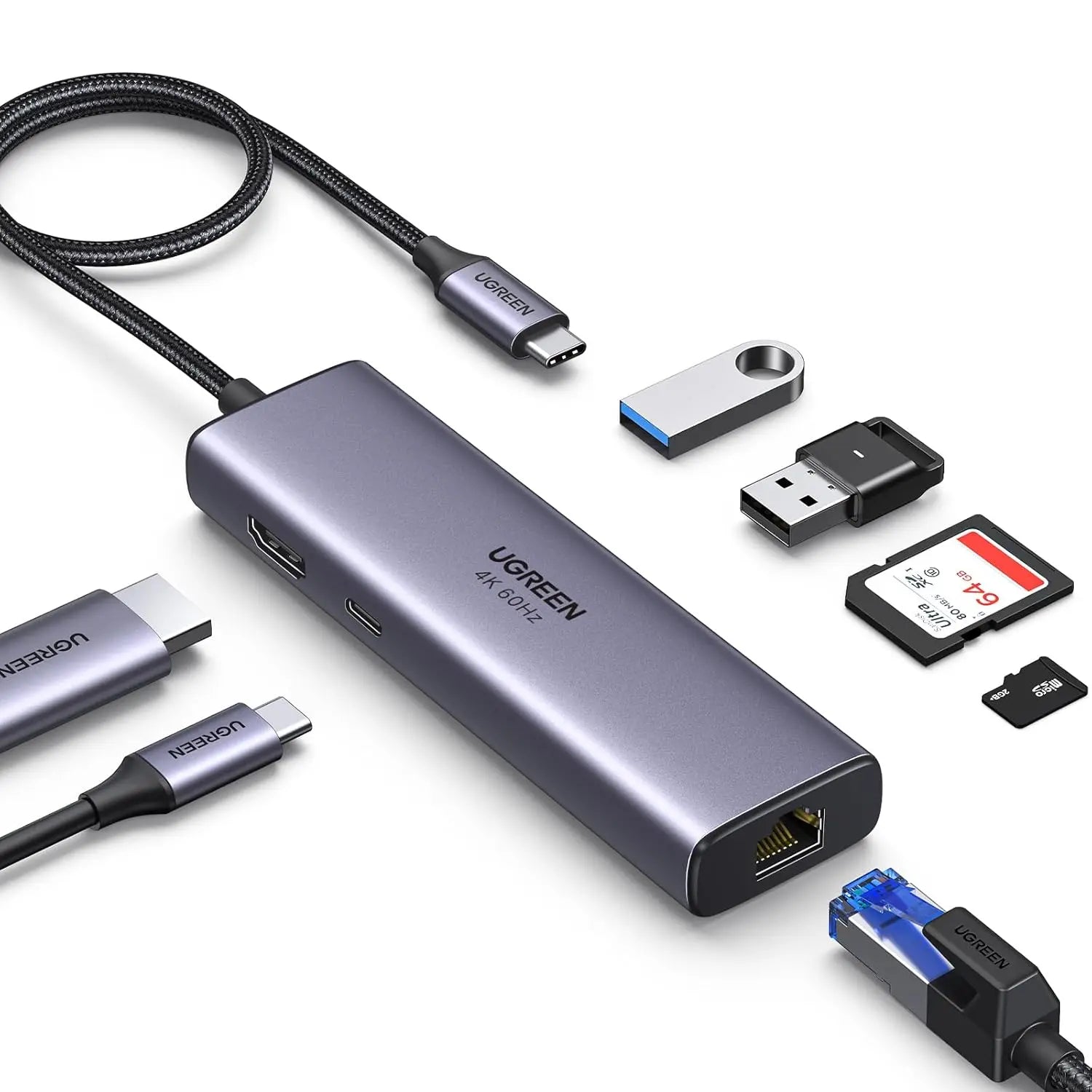 UGREEN 7-in-1 Multi-Functional Adapter 4K 60Hz HDMI Gigabit Ethernet 2 USB 3.0 100W PD SD/TF MacBook Dell Surface (60515)