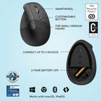 Logitech Ergo Series Lift Vertical Bluetooth Wireless 4000 DPI Optical Mouse - Graphite