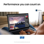 Person using a laptop with a car on the screen, featuring Intel branding.