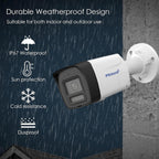 White and black PRAM40 outdoor security camera mounted on a gray wall, shown against a dark blue rainy background with feature callouts including IP67 waterproof, sun protection, cold resistance, and dustproof design.