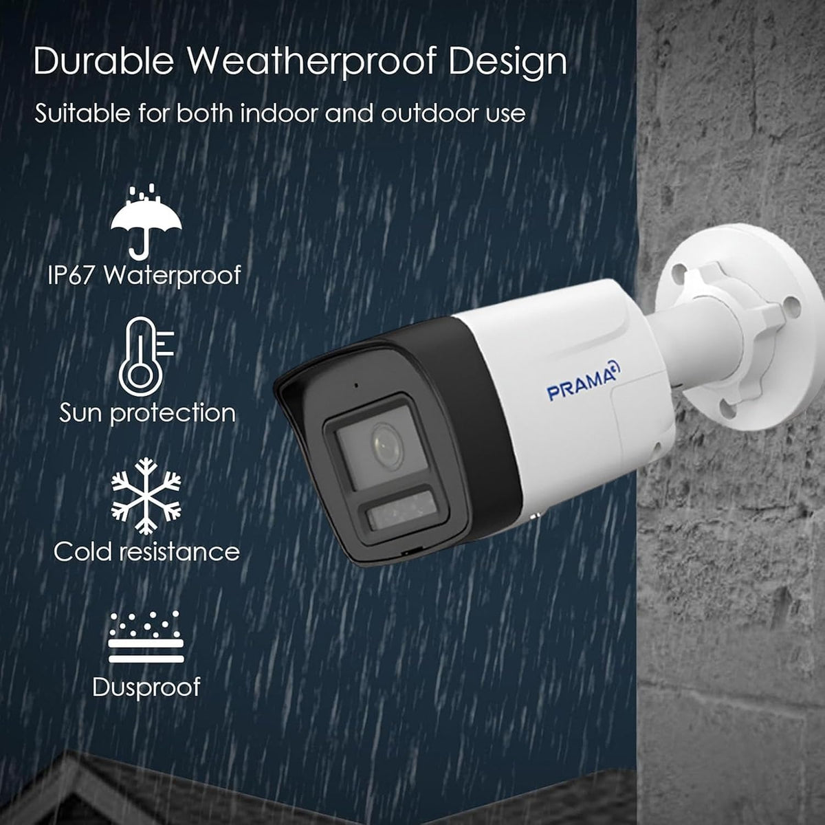 White and black PRAM40 outdoor security camera mounted on a gray wall, shown against a dark blue rainy background with feature callouts including IP67 waterproof, sun protection, cold resistance, and dustproof design.