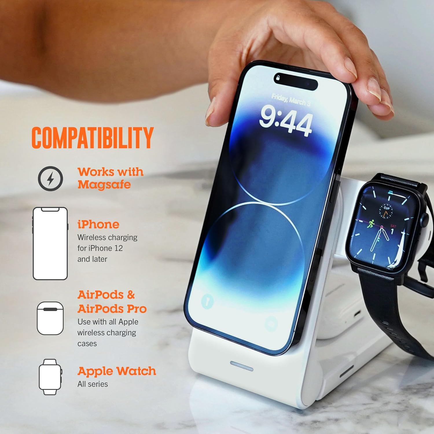 STM ChargeTree Swing 3-in-1 Wireless Charger Station – Qi-Certified Charger for iPhone, Android, AirPods & Apple Watch with Nightstand Mode Swing Arm – USB-C Cable Included, Black