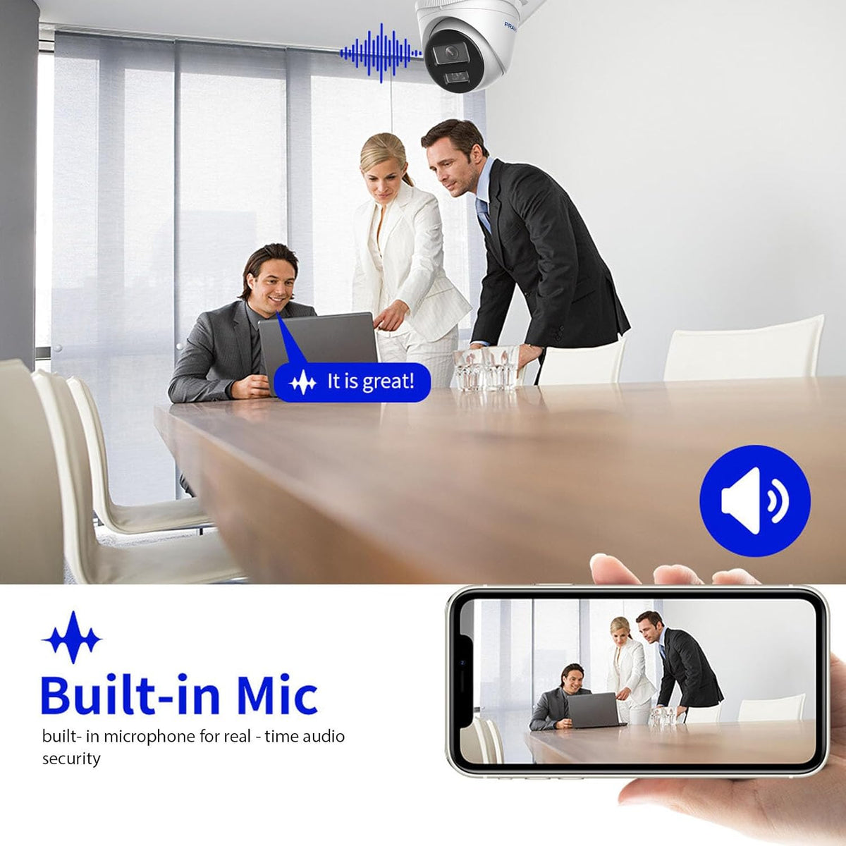 A conference room scene with three people around a wooden table, overlaid with a blue soundwave icon, a speaker icon, and text reading 'Built-in Mic' plus a phone screen preview showing audio from the meeting. The image is promotional for a built-in microphone security feature rather than a clean product shot.