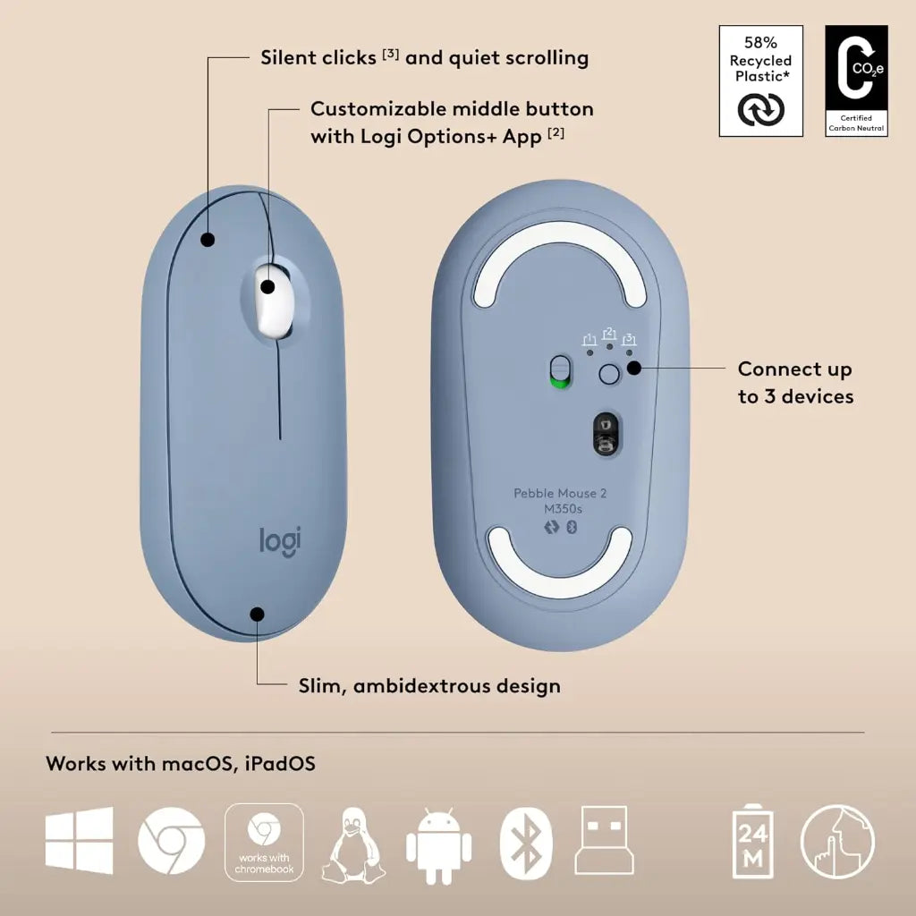 Logitech Pebble 2 Multi Device Wireless Keyboard & Mouse Combo - Tonal Blue