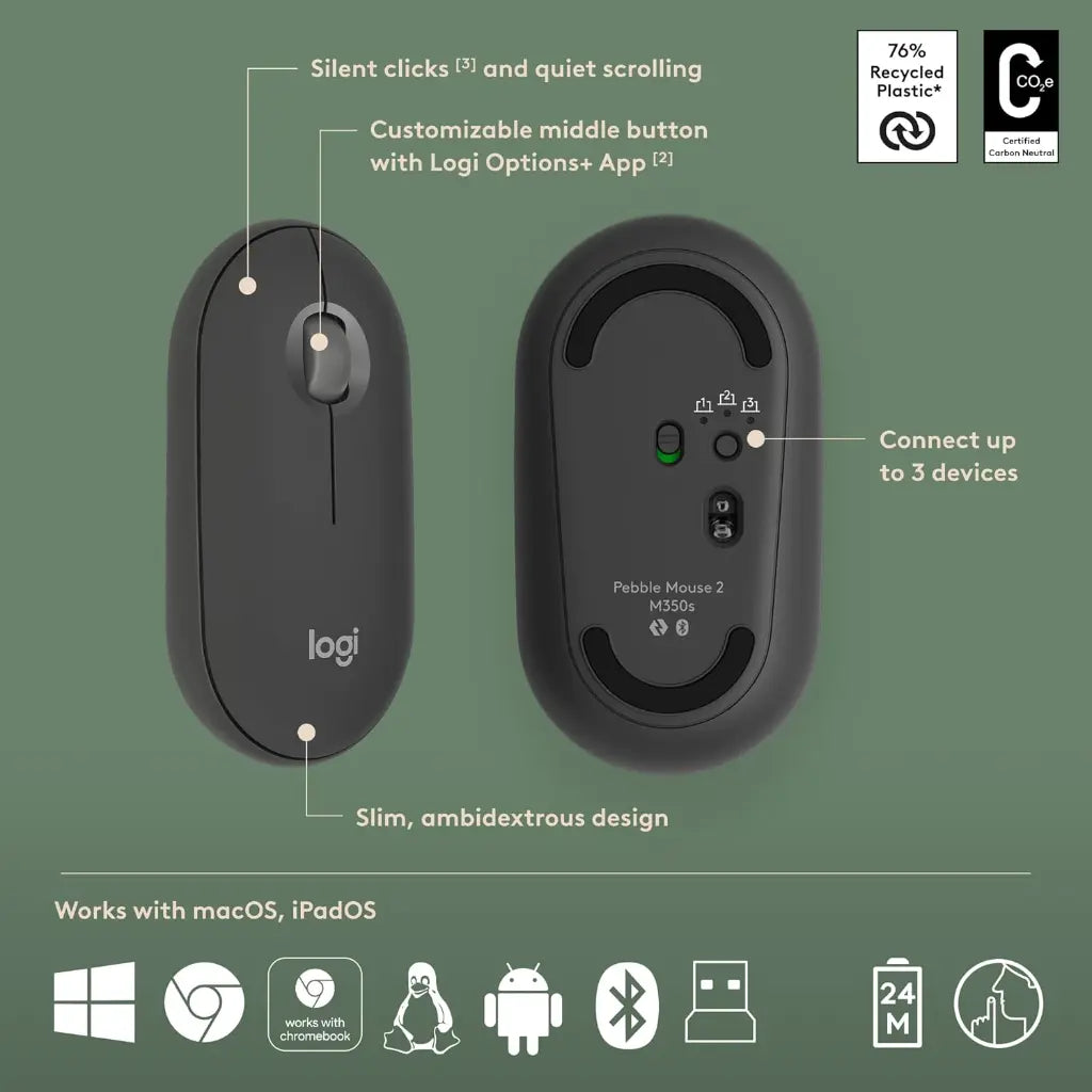 Logitech Pebble 2 Combo Wireless Bluetooth Keyboard & Mouse Set with Logi Bolt Receiver