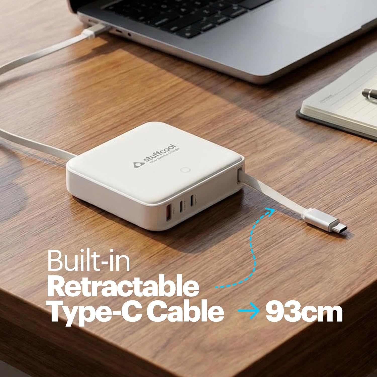 Retractable Type-C cable attached to a device on a wooden surface with text indicating its length.