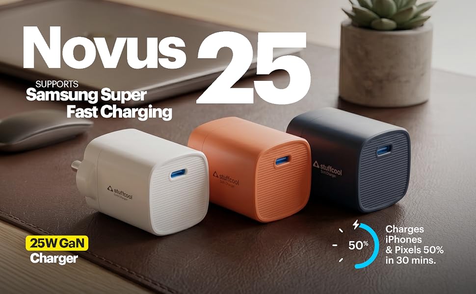 Stuffcool Novus 25 USB-C Fast Charger | 25W PD PPS Charger | 6 Months Warranty